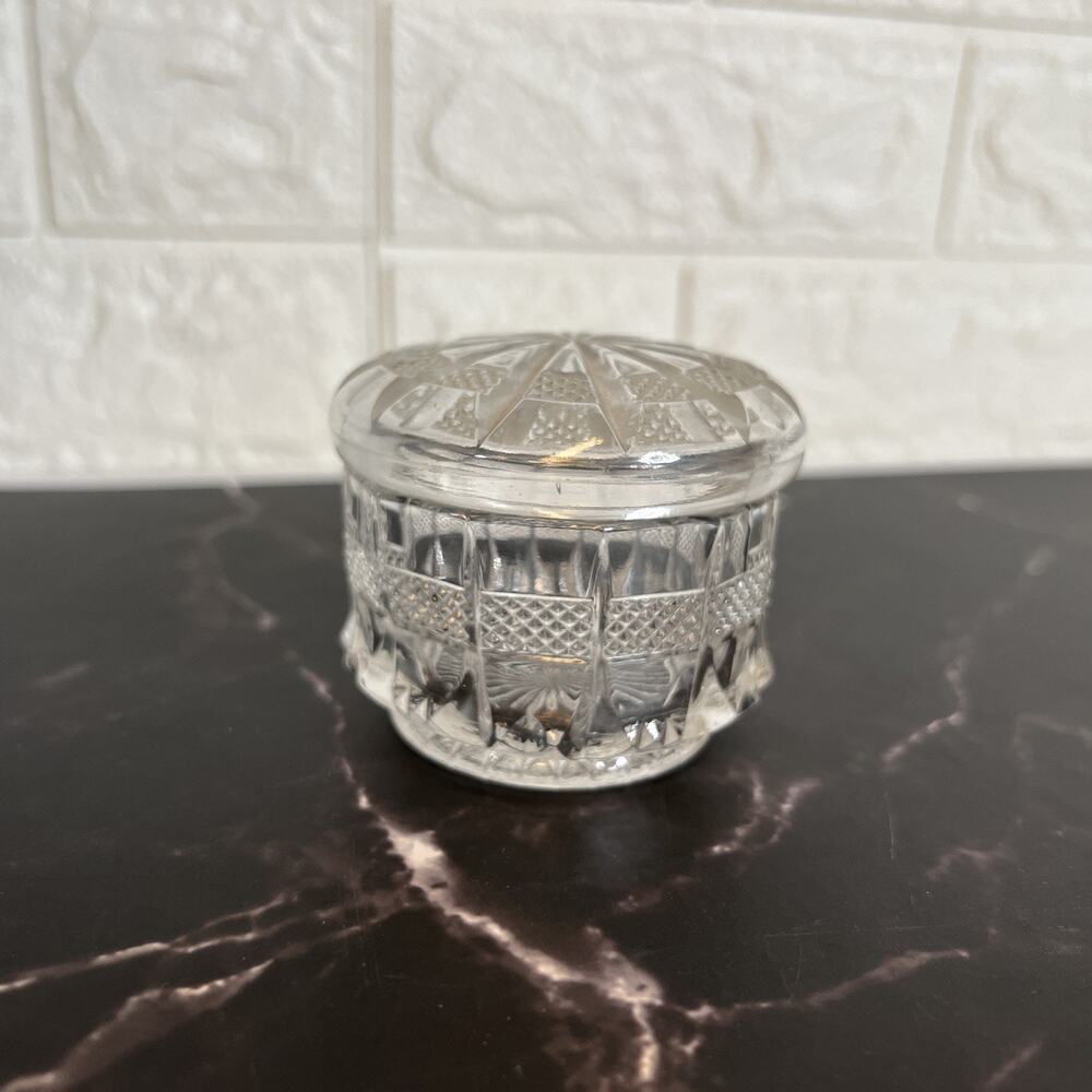 U.S. Glass Banded Portland Powder Box – Clear Carnival Glass – Depression Era